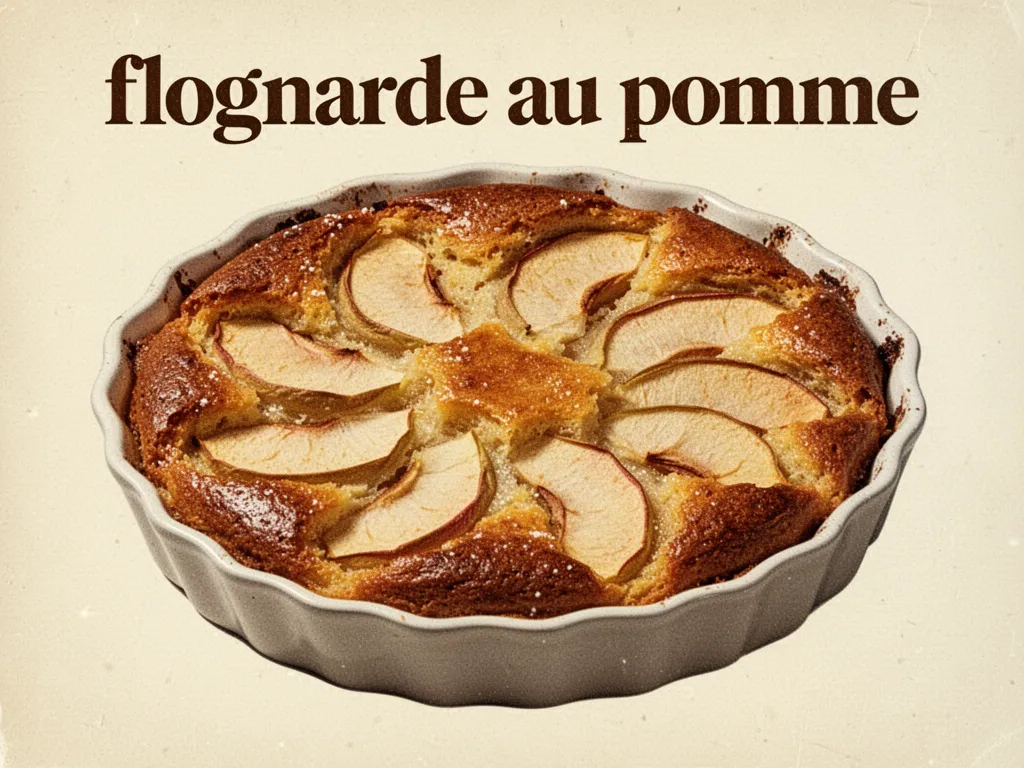 Une part de flognarde dorée posée sur une assiette, pommes fondantes et sucre caramélisé
