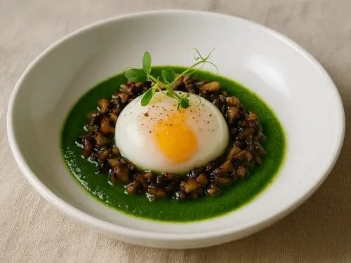Un œuf parfait coupé en deux sur une tranche de pain grillé, jaune crémeux au centre, herbes fraîches et un filet d'huile.